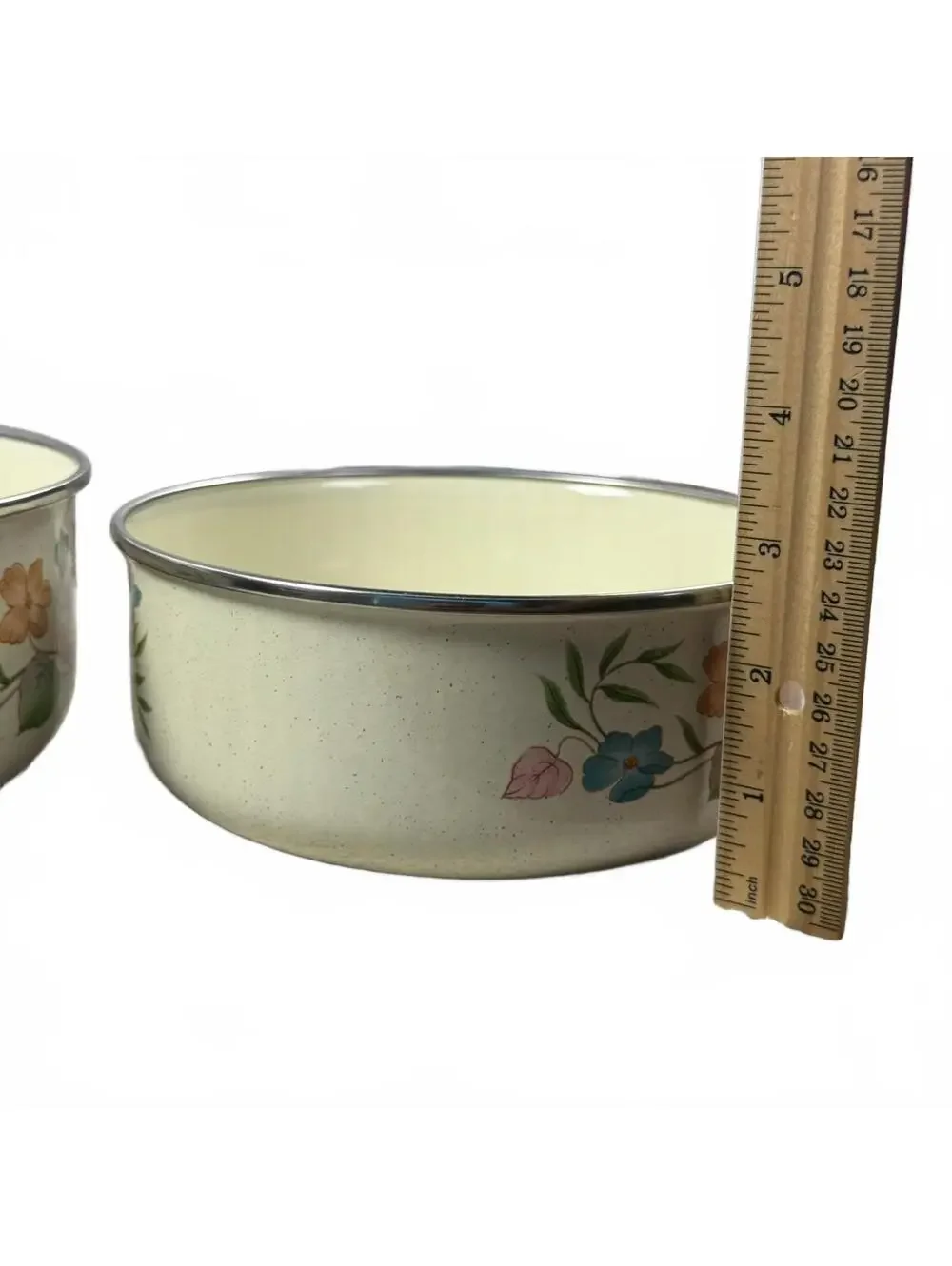 1980s Metal Enamelware Nesting Bowls Pair Floral Design Cottage Core Kitchen